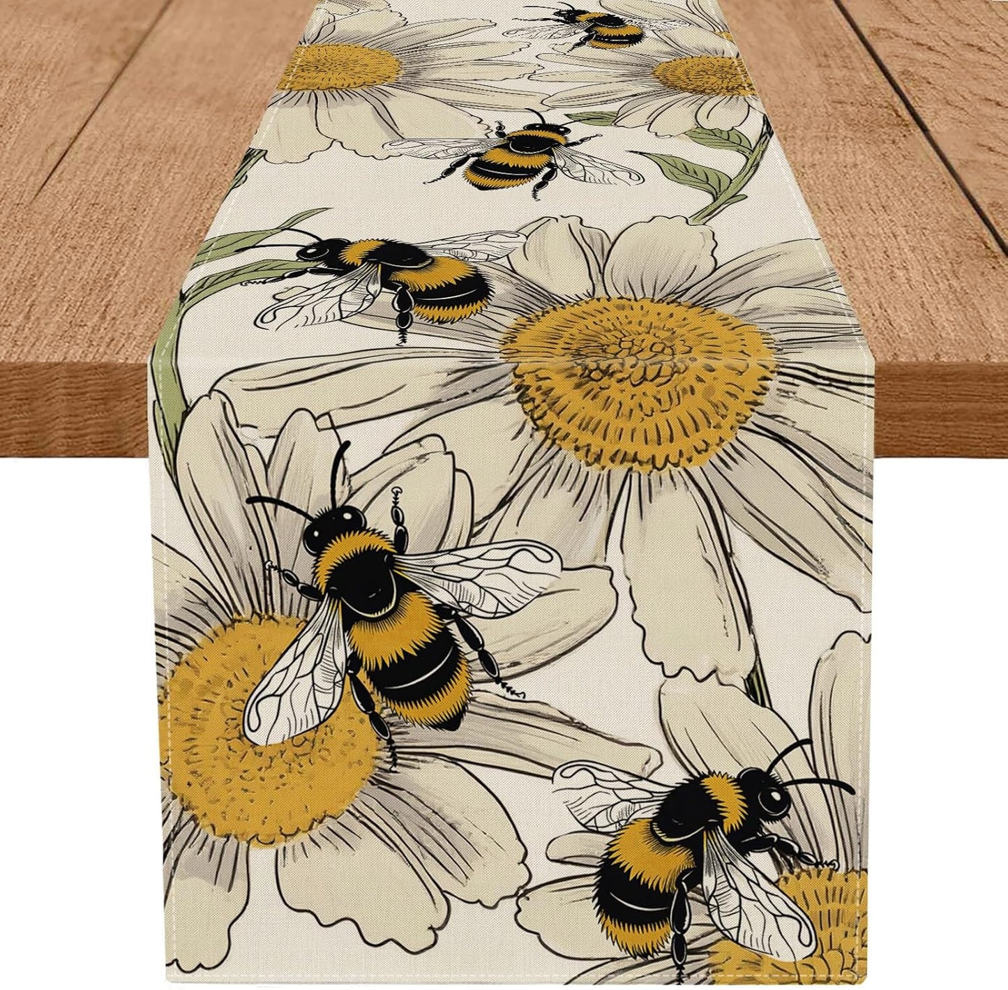 Camino de mesa primaveral con abejas y margaritas decoración para fiestas