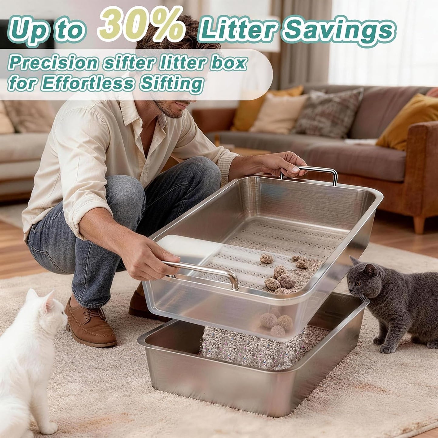 Caja arena gatos acero inox 2 bandejas tamizado alta velocidad