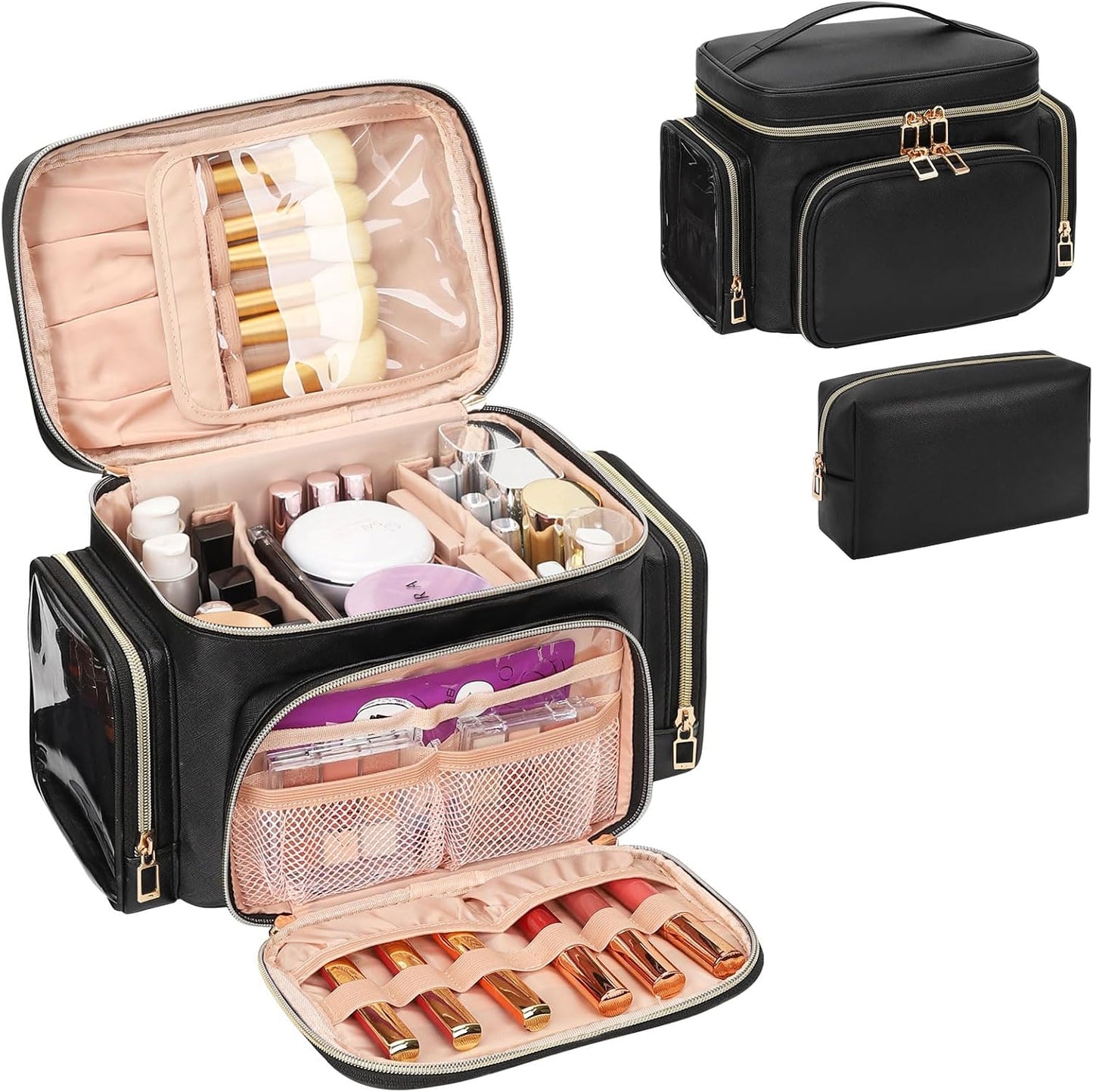 Bolsa maquillaje portátil con compartimentos para mujer