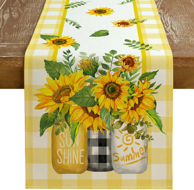 Camino de mesa de verano de girasol 13 x 48 pulgadas tarro Mason a cuadros de búfalo amarillo