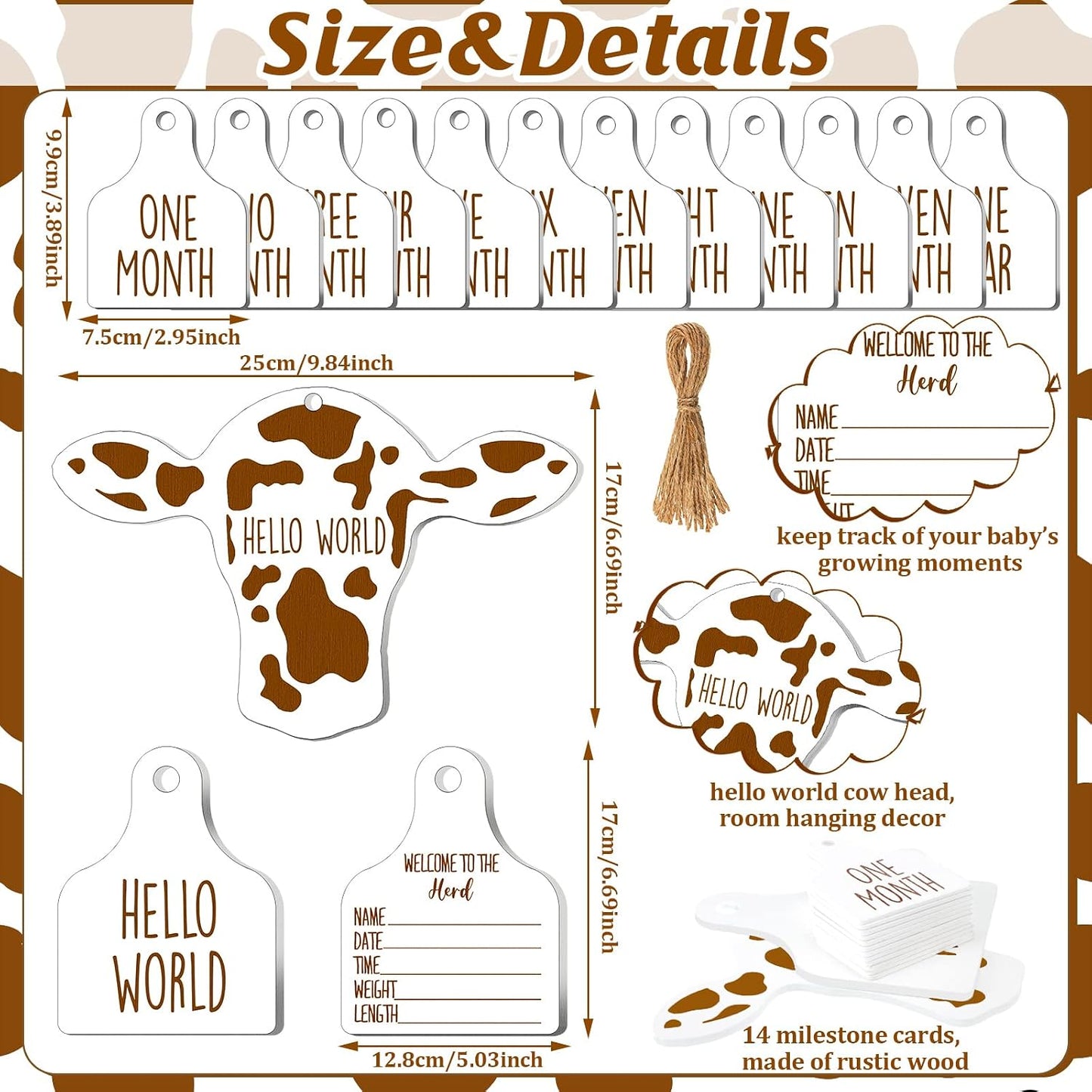 14 Tarjetas Hitos Vaca Bebé Adorno Madera Blanco