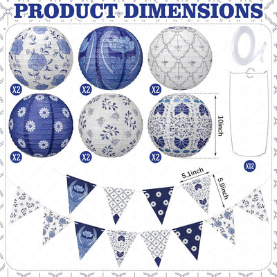 Set 12 Pzas Banderines Fiesta China 10pulg Azul Blanco