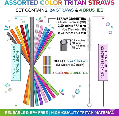 Popotes reutilizables Tritan de 10.5 pulgadas con cepillos, 12 colores transparentes para tumblers 30 oz, 20 oz, 16 oz, Stanley, Starbucks