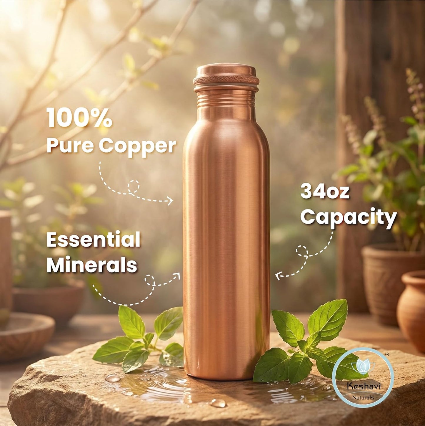Set de 2 botellas de agua de cobre puro 34 oz con tapas antifugas