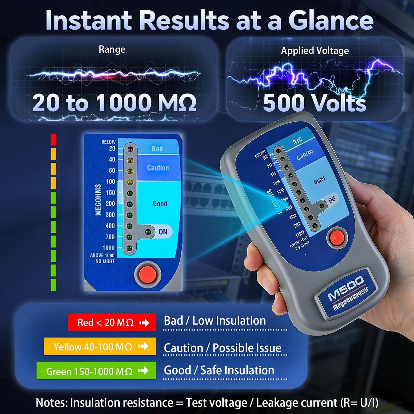 Megohmímetro digital 500V hasta 1000MΩ para HVAC y motores