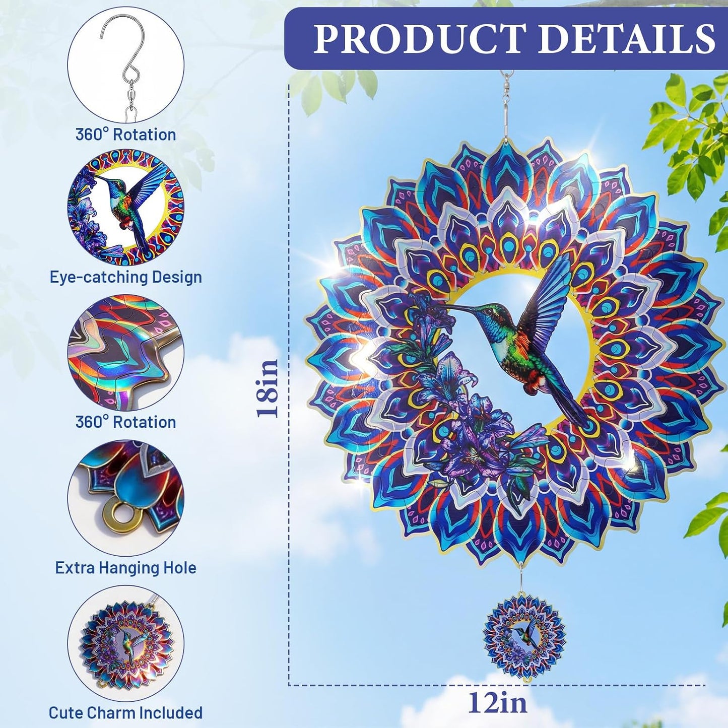 Molinillo viento mandala colibrí 12pulg metal 3D decoración jardín