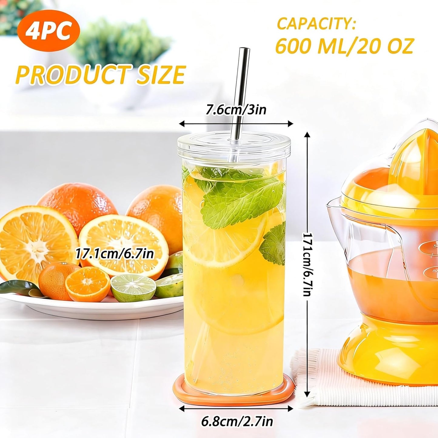 Tarros 20oz con tapa pajita set 4 vasos redondos reutilizables