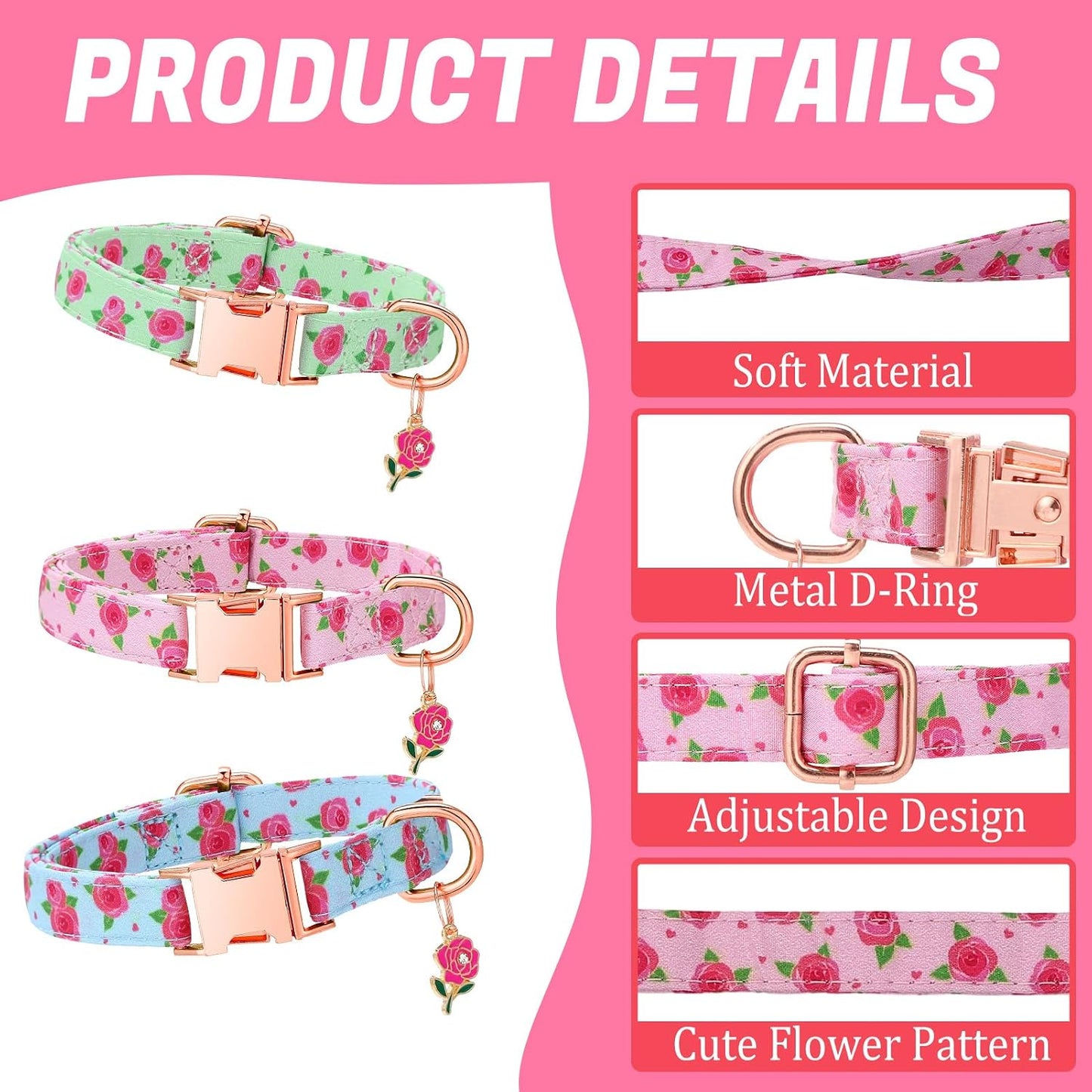3 Pzas Collares Rosas para Perros Pequeños