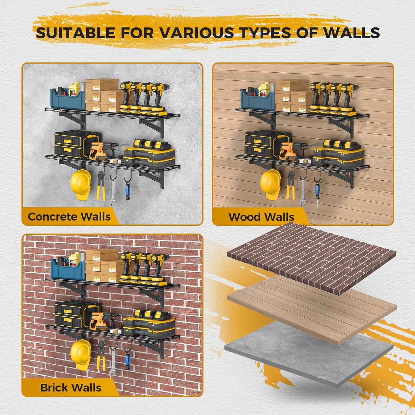 2 Estantes Garaje Pared 1x4pies Hierro 700lb con 4 Ganchos