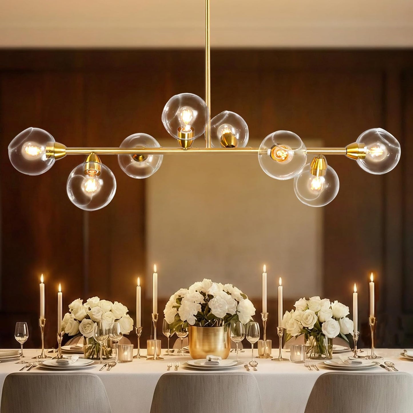 Candelabro Sputnik dorado 50pulg 8 globos vidrio comedor