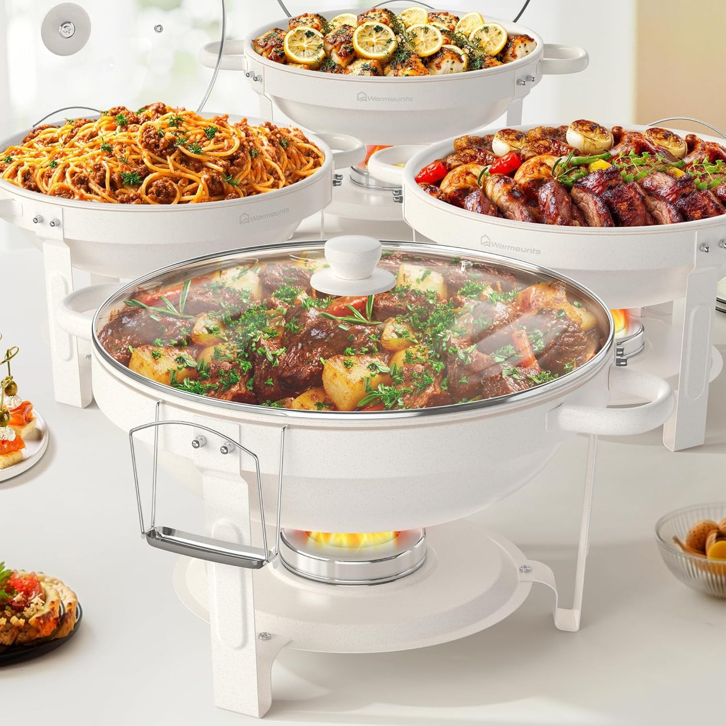 Plato calefactor de acero inoxidable para buffet 5QT, 4 piezas con tapa de vidrio