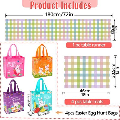 Camino de mesa de Pascua 13 x 72 pulgadas con manteles y bolsas de regalo tela gruesa pastel a cuadros