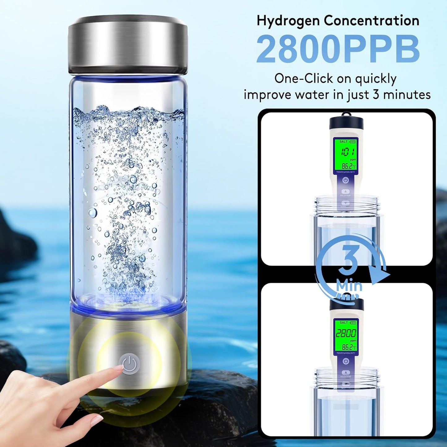 Botella de agua de hidrógeno recargable portátil 16 oz
