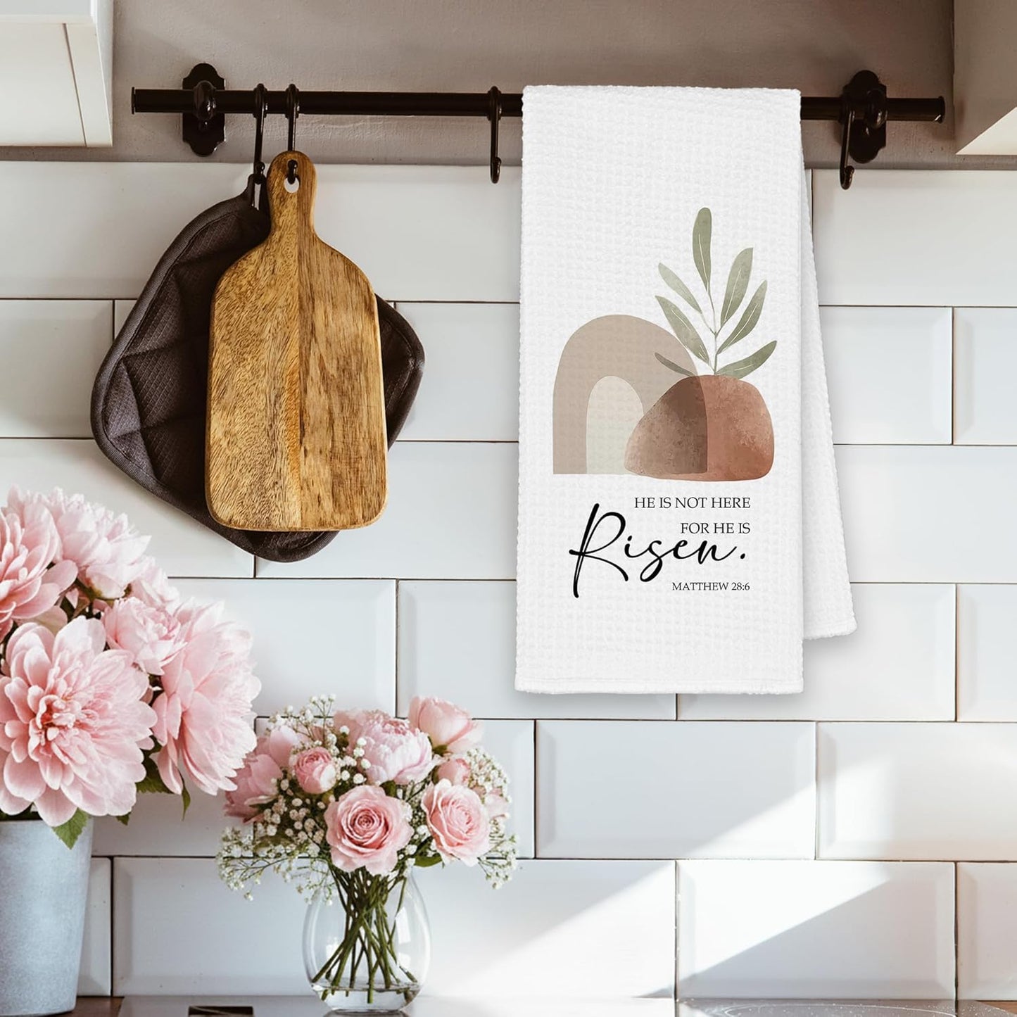 Juego de 2 toallas de cocina boho He is Risen Pascua versiculo biblico decoracion hogar
