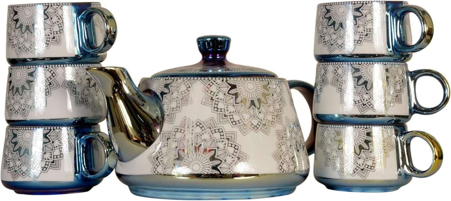 Juego de té de porcelana con tetera y 6 tazas clásicas