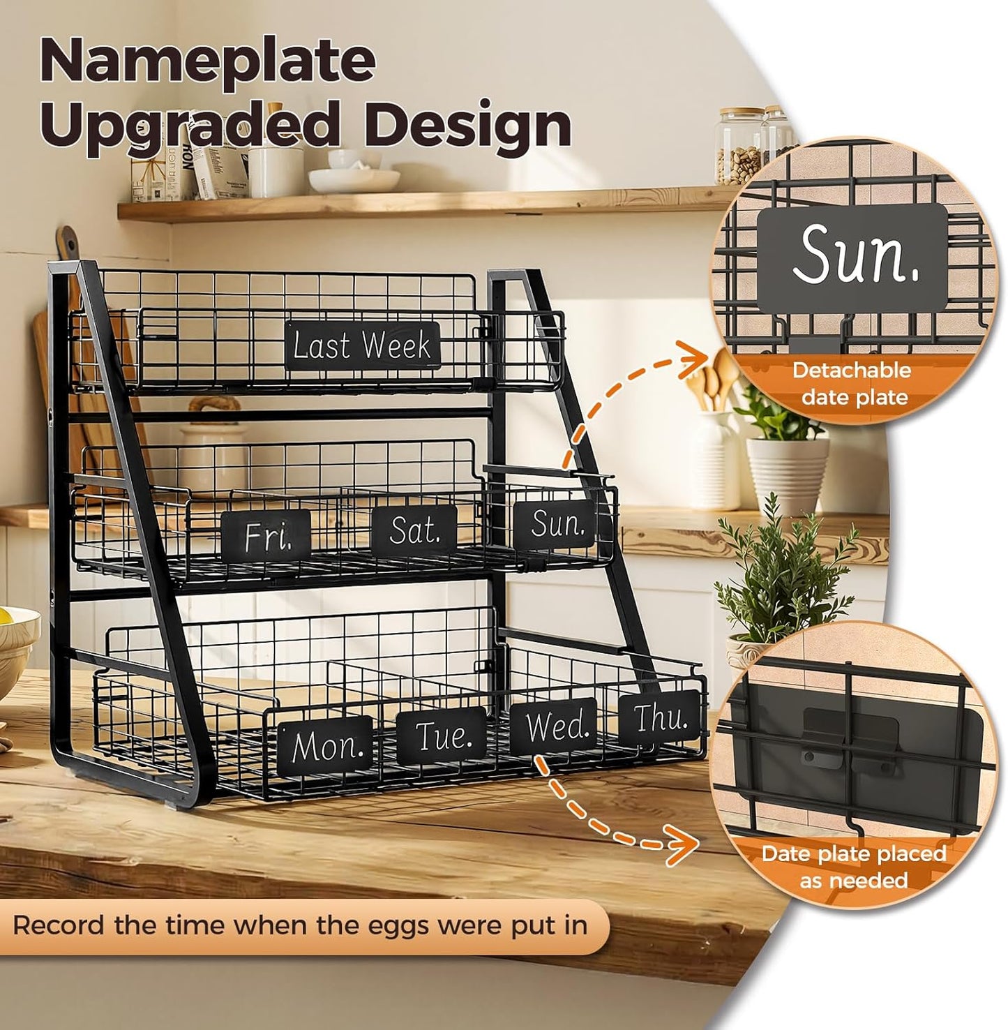 Soporte huevos con divisores extraíbles placa fecha cesta 3 niveles