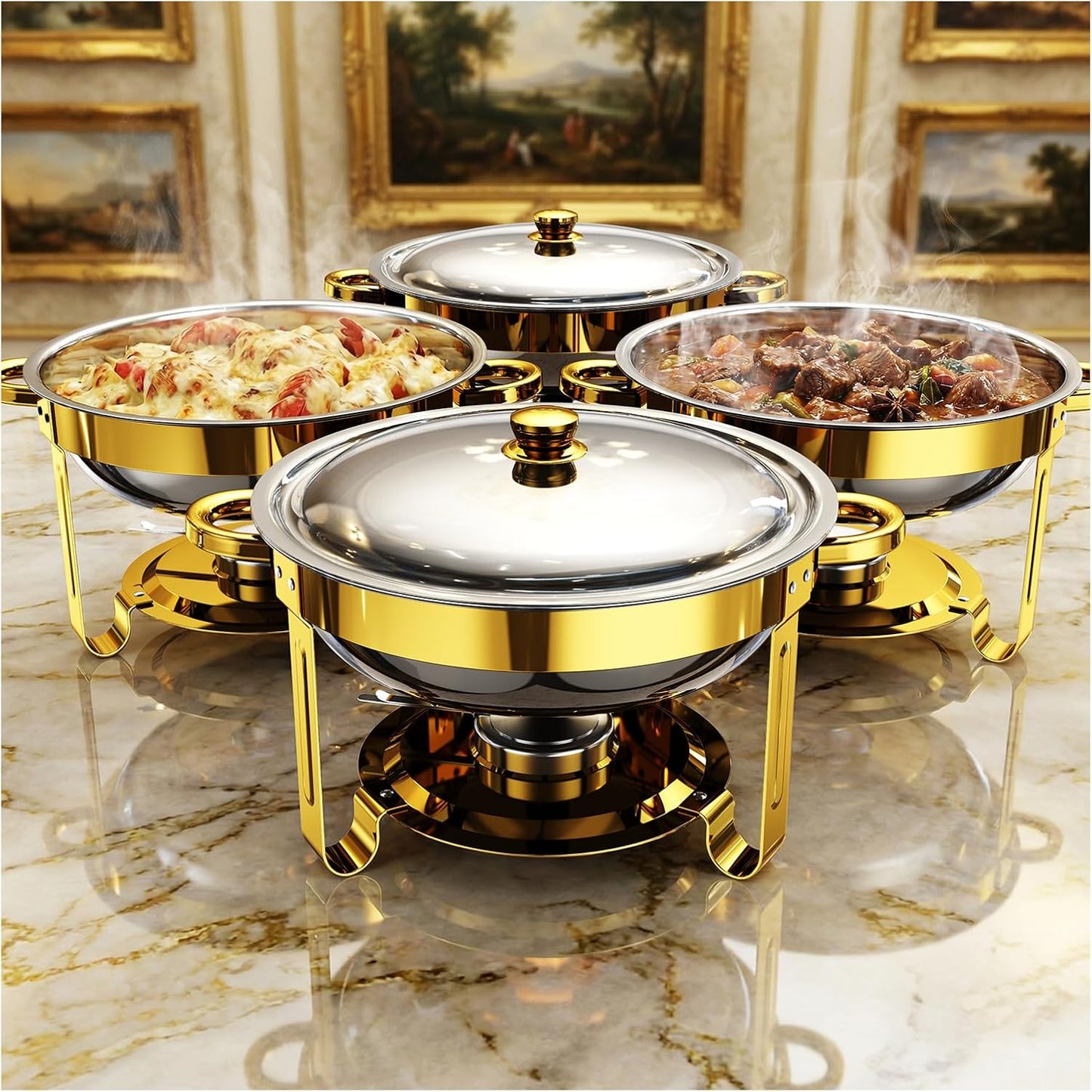 4 Pzas Platos Acero Inox 5qt Con Tapa Calentador Buffet