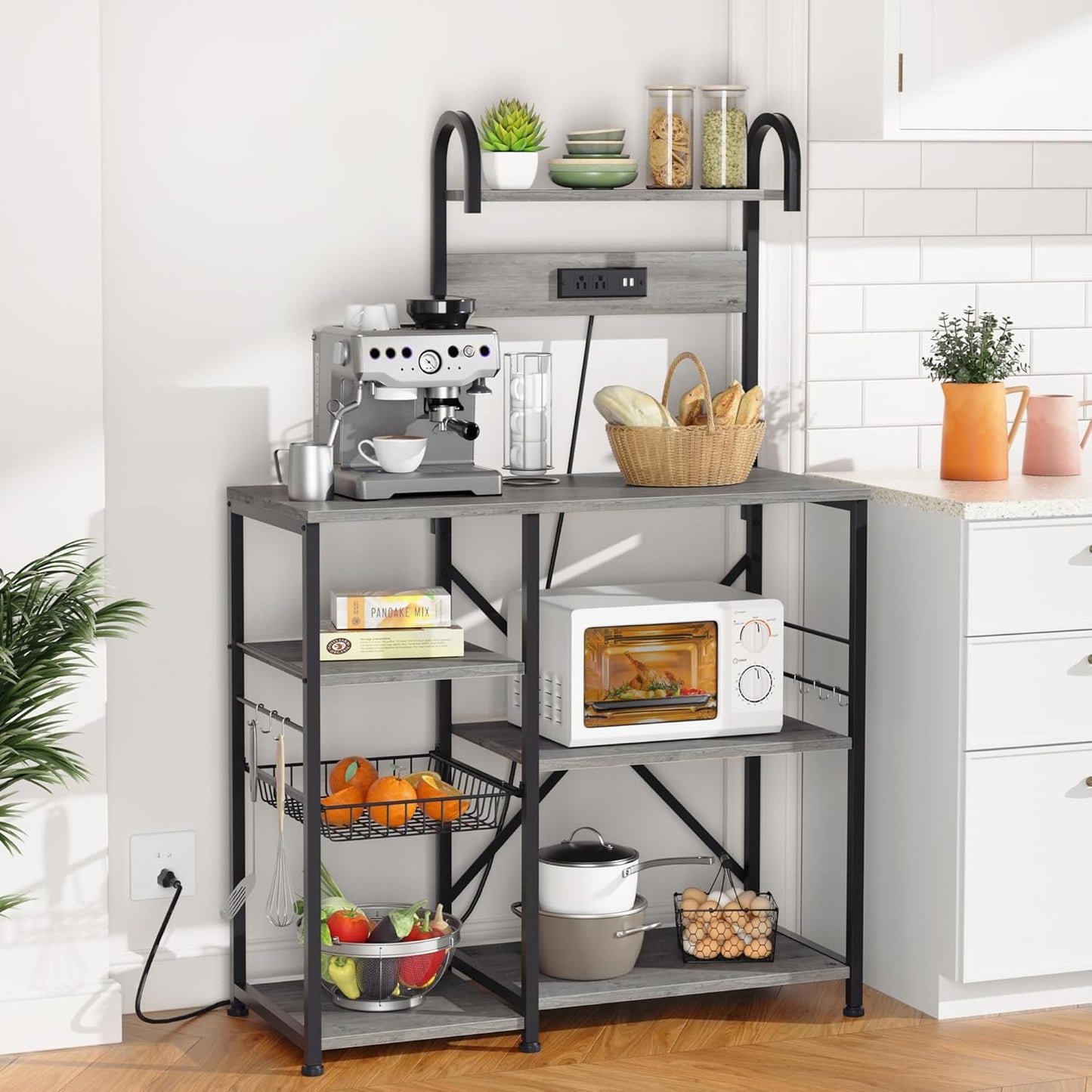 Estante cocina con toma corriente 6 ganchos gris
