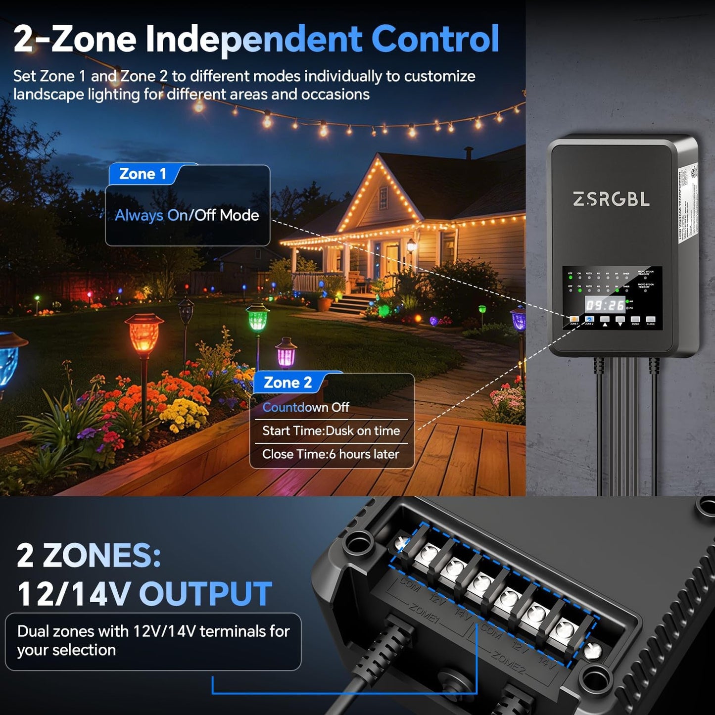 Transformador 200W 120V a 12/14V CA control 2 zonas resistente