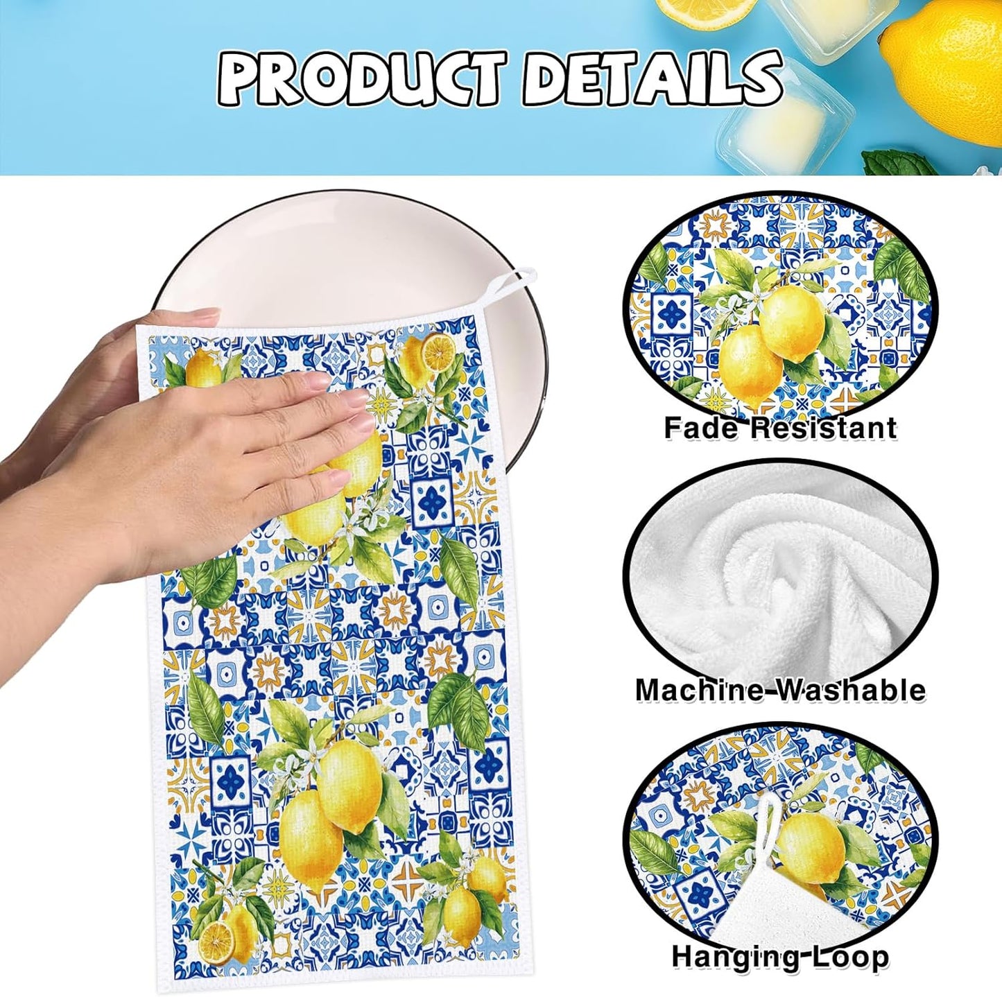 Juego de 4 toallas de cocina de limón azul y blanco con microfibra