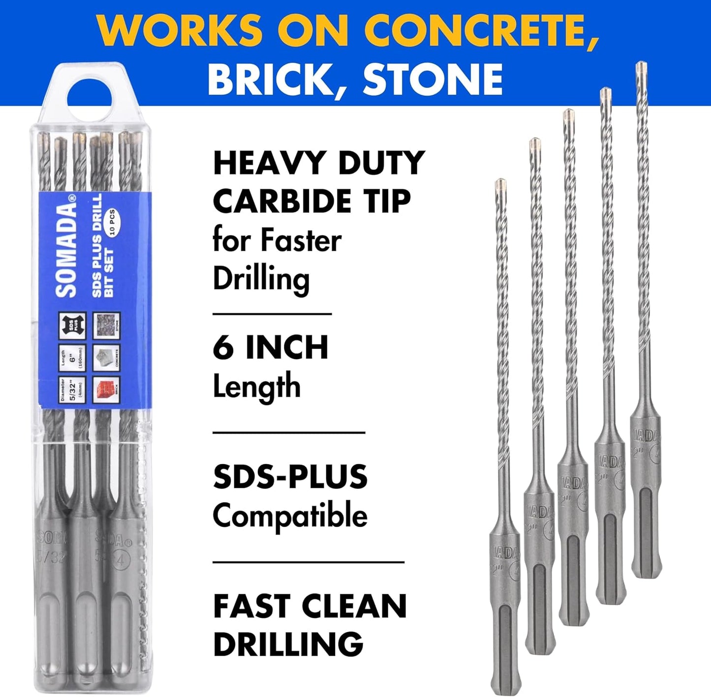 Set 10 Brocas SDS-Plus 5/32x6 pulg Carburo Hormigón