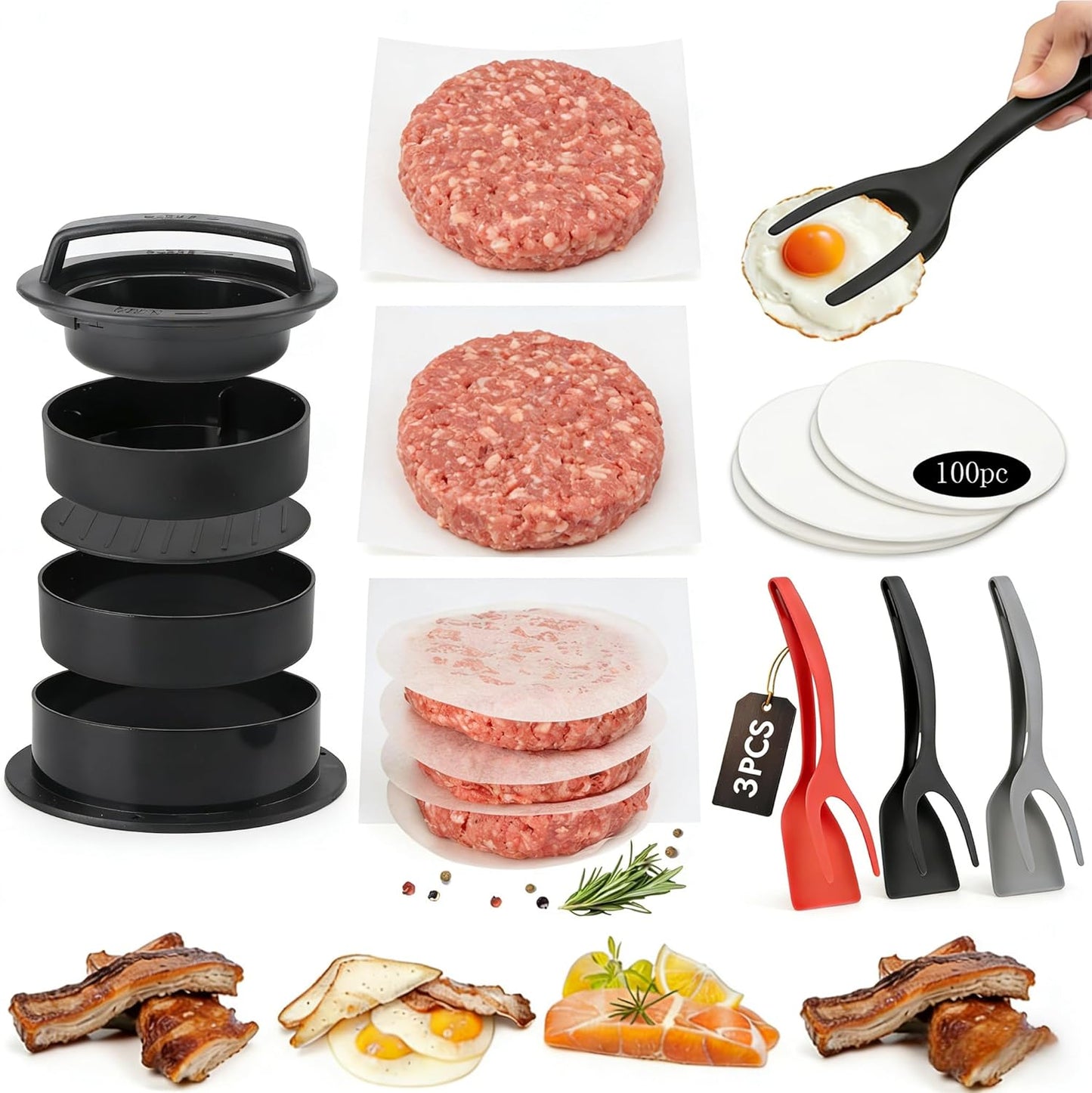 Set 3 Molde Hamburguesas Antiadherente y Abrazadera Huevos