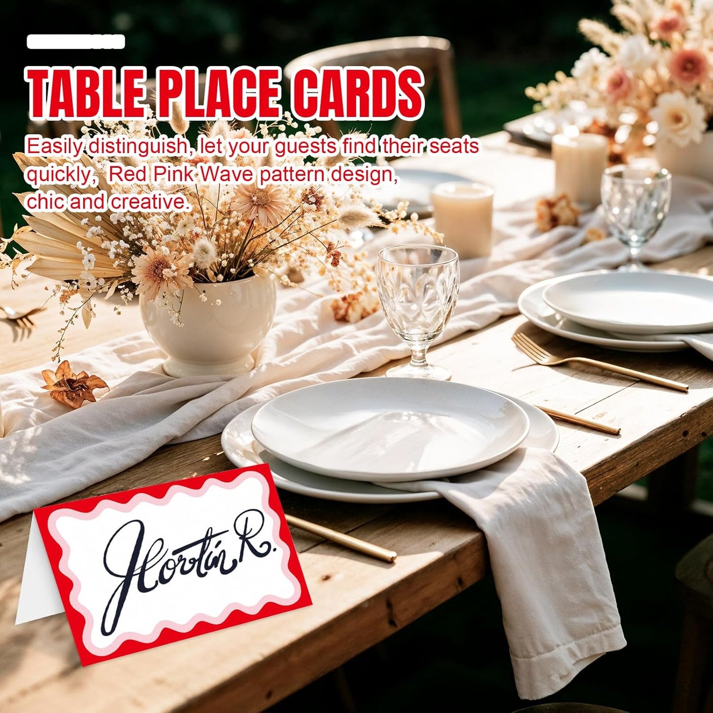 Tarjetas de lugar con ondas rojas y rosas para bodas, cumpleaños y fiestas 3 x 4.6 pulgadas