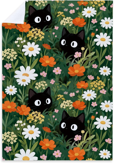 Toalla de cocina con gato negro estilo bro floral para regalo femenino y decoración cottagecore