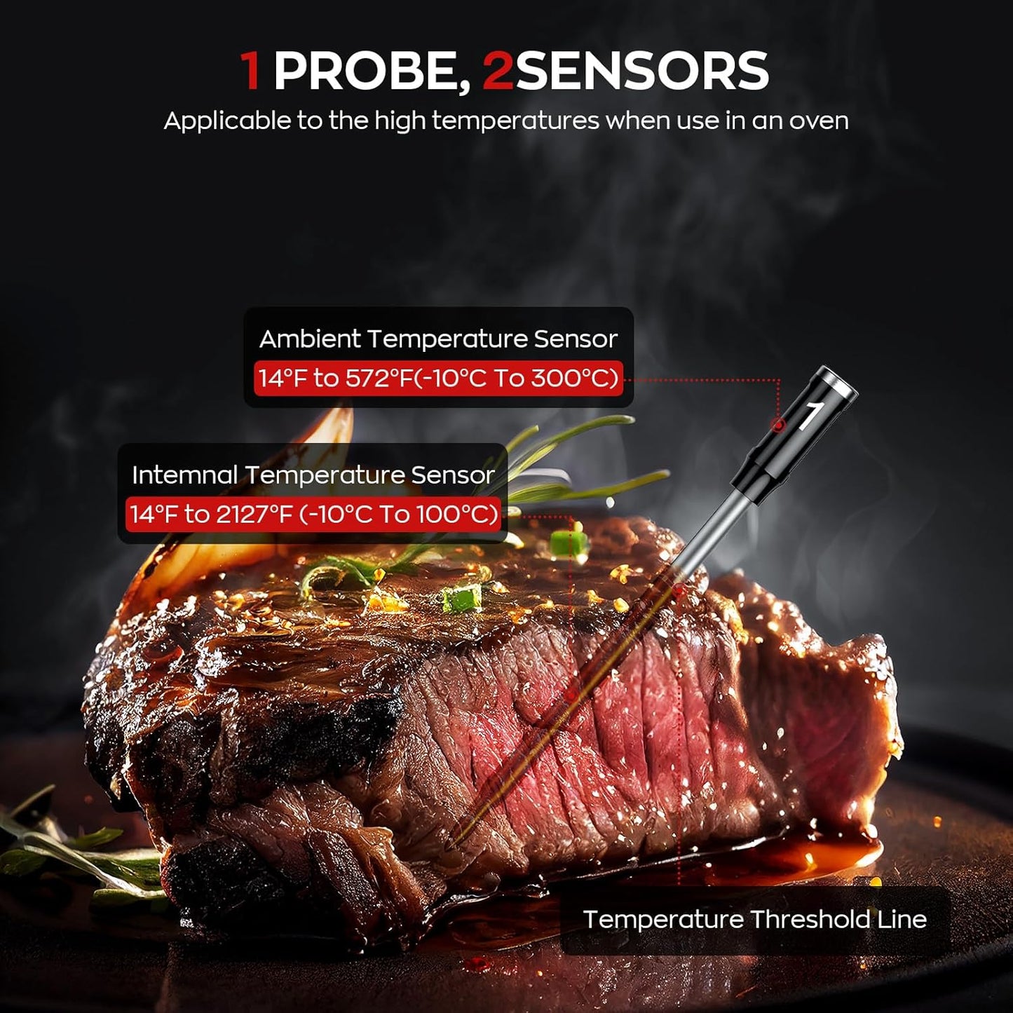 Termómetro carne inalámbrico con doble sonda BT/WiFi alta precisión
