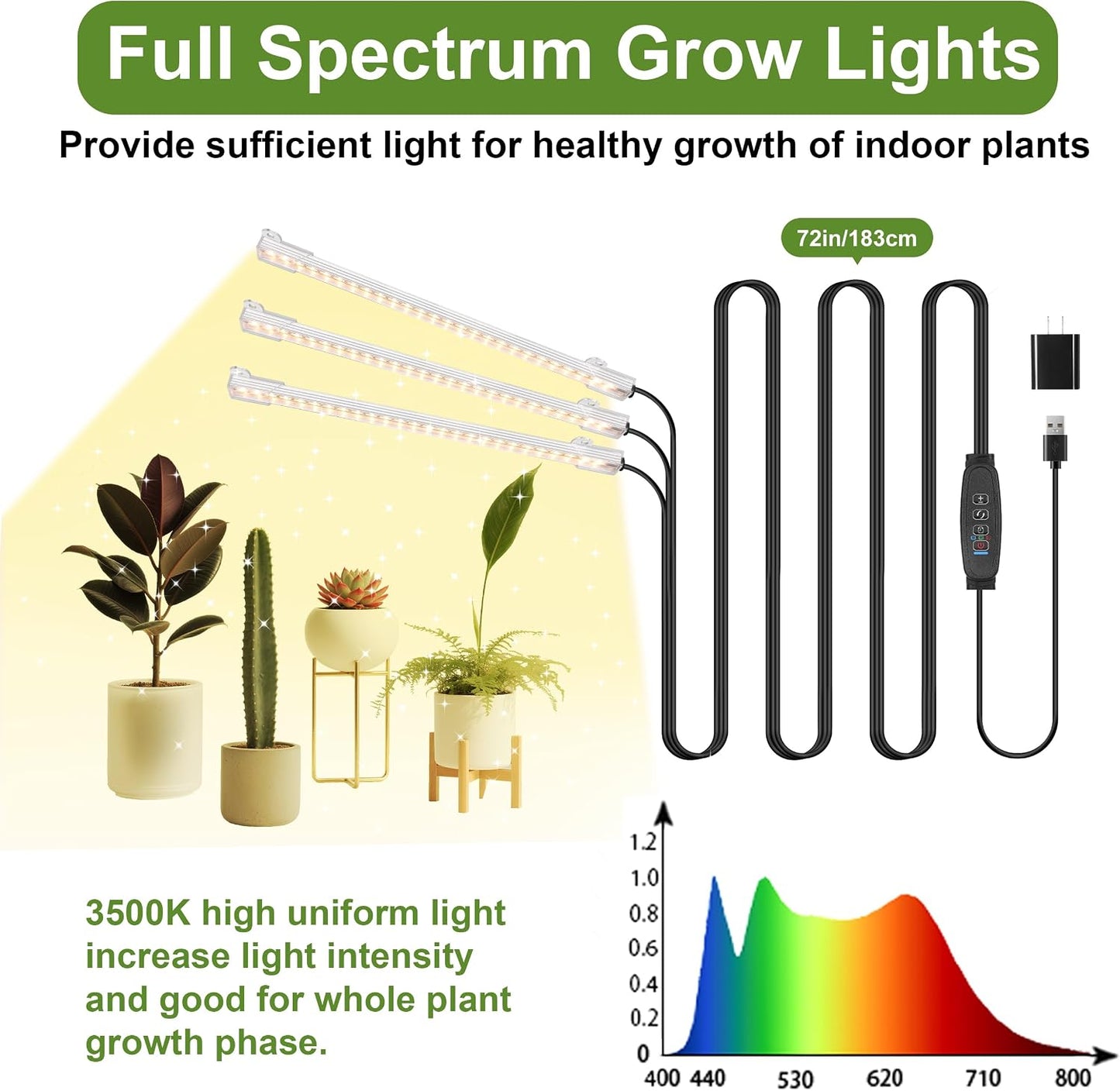 Tiras luz LED crecimiento 8.6pulg 3500K 3 cabezales