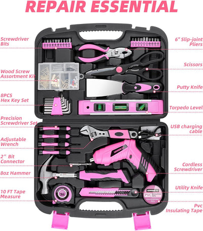 Juego herramientas hogar rosa con destornillador USB 3.6V 136pzas