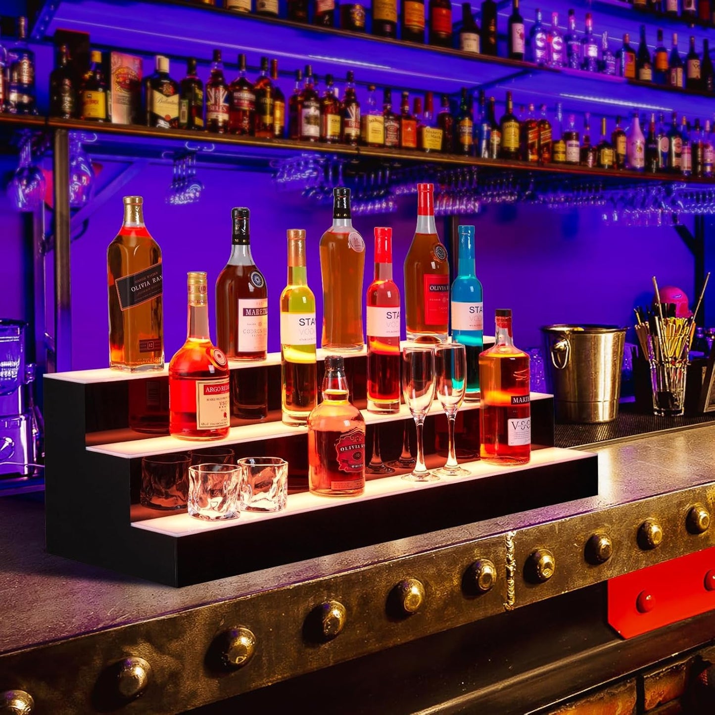 Estantería para botellas de licor con luces LED, 3 niveles 60 pulgadas acrílica con control remoto y app