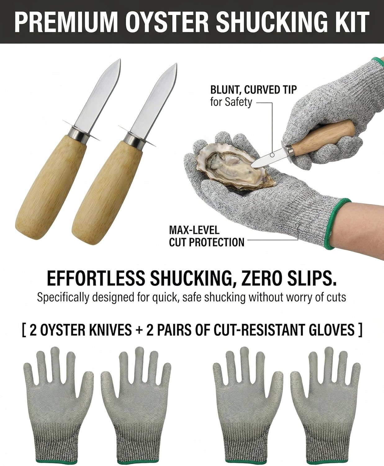 Juego de 2 cuchillos de ostras con guantes resistentes a cortes