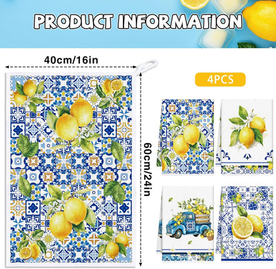 Juego de 4 toallas de cocina de limón azul y blanco con microfibra