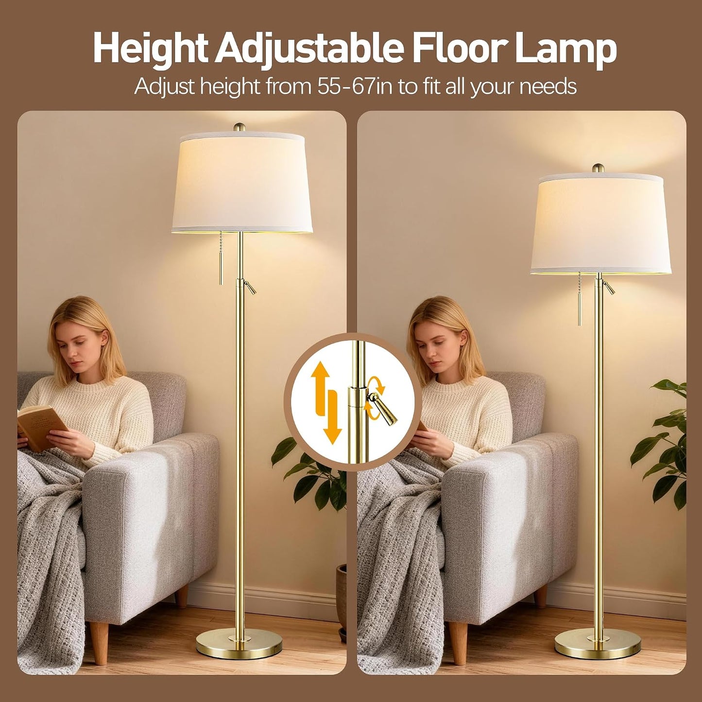 Lámpara pie dorada sala ajustable 55-67pulg LED