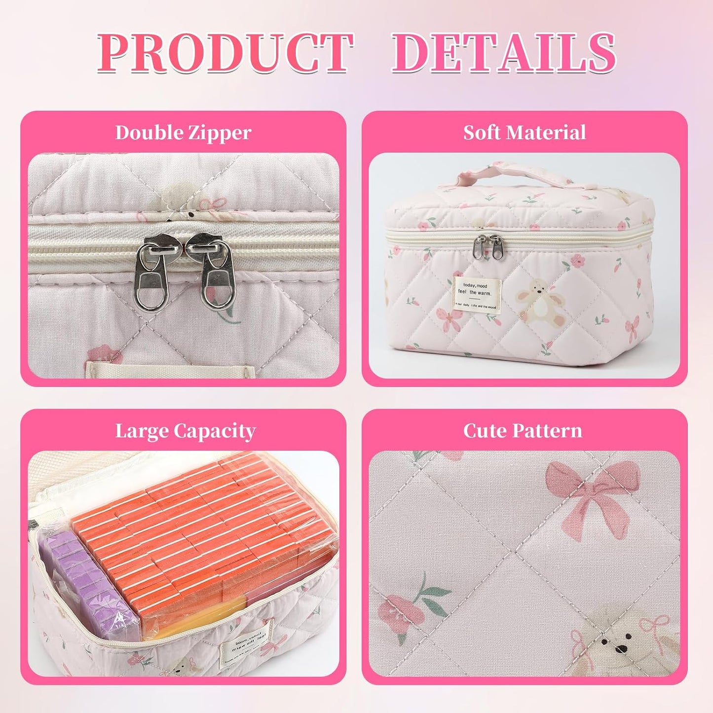 Bolsa maquillaje acolchada 3 pzas portátil