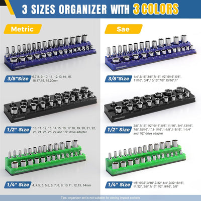 Set 9 organizadores magnéticos llaves 1/4 3/8 1/2 pulg y métricas