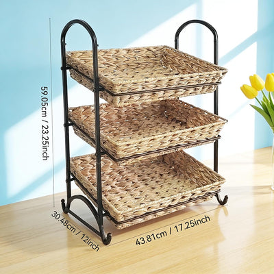 Cesta mimbre sintético 3 niveles metal para almacenar cocina baño