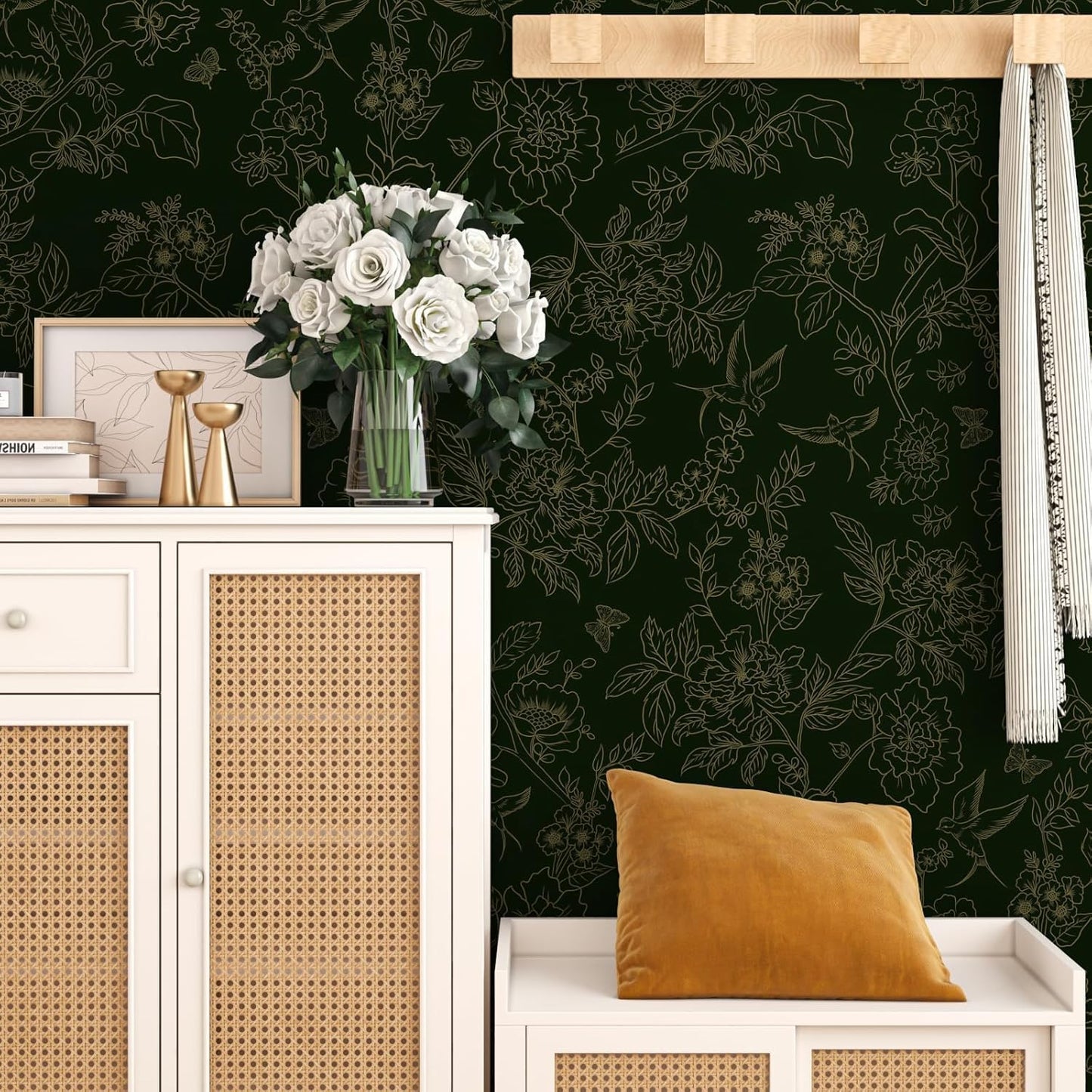 Papel tapiz floral verde autoadhesivo 17.5x393pulg