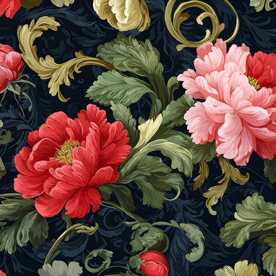 Papel tapiz floral peonía azul oscuro flores rojas