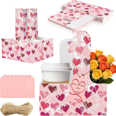 Set 8 portavasos cartón con asa y cinta regalo rosa