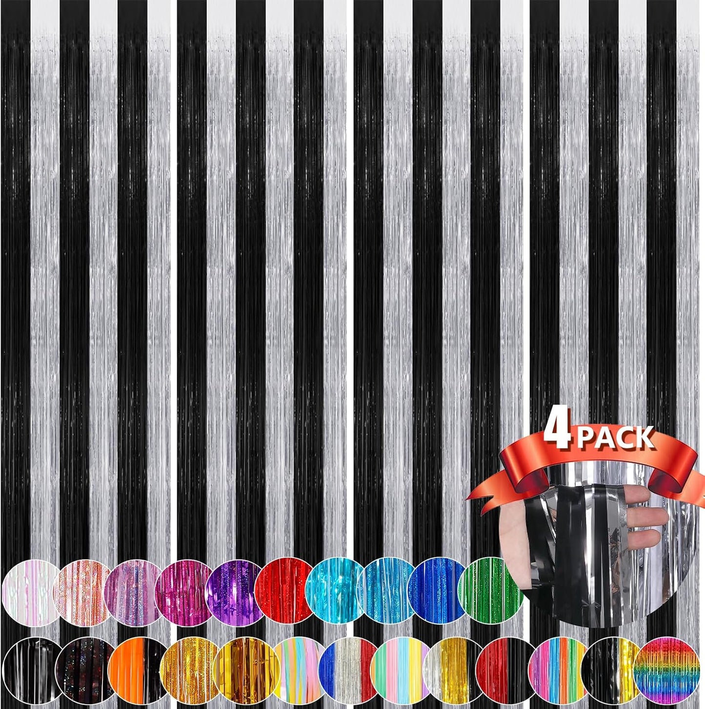 Cortinas flecos oropel negro plateado 4pzas 3.3x8.3pies
