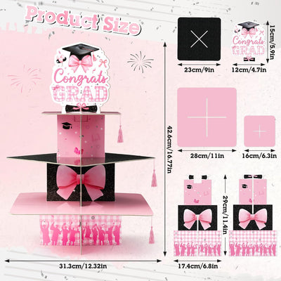 Soporte para cupcakes con lazo rosa 3 niveles graduación universidad