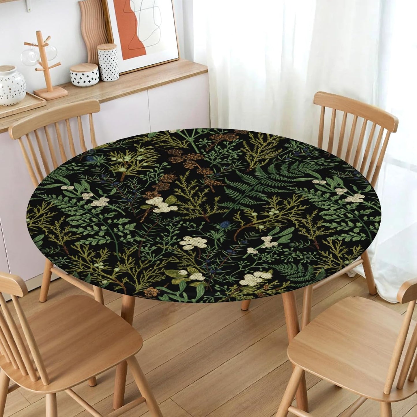 Mantel redondo botánico negro y verde con borde elástico impermeable para mesa de 40 a 44 pulgadas