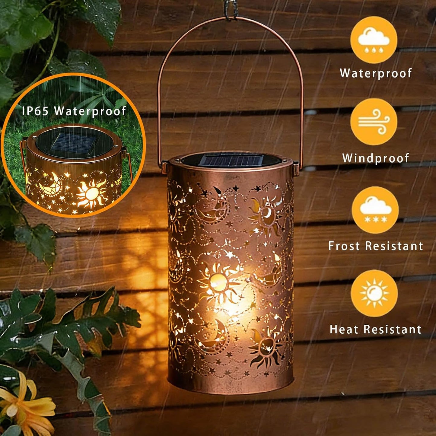 Farol solar impermeable con patrones estrella luna para exteriores