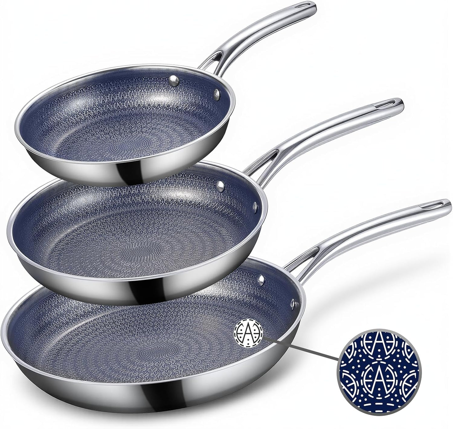 Set 3 Sartenes Acero Inox 8x9.5x11pulg y 22 Pzas Hornear