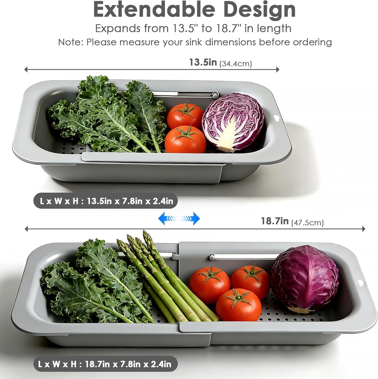 Cesta coladora extensible para cocina ajustable gris