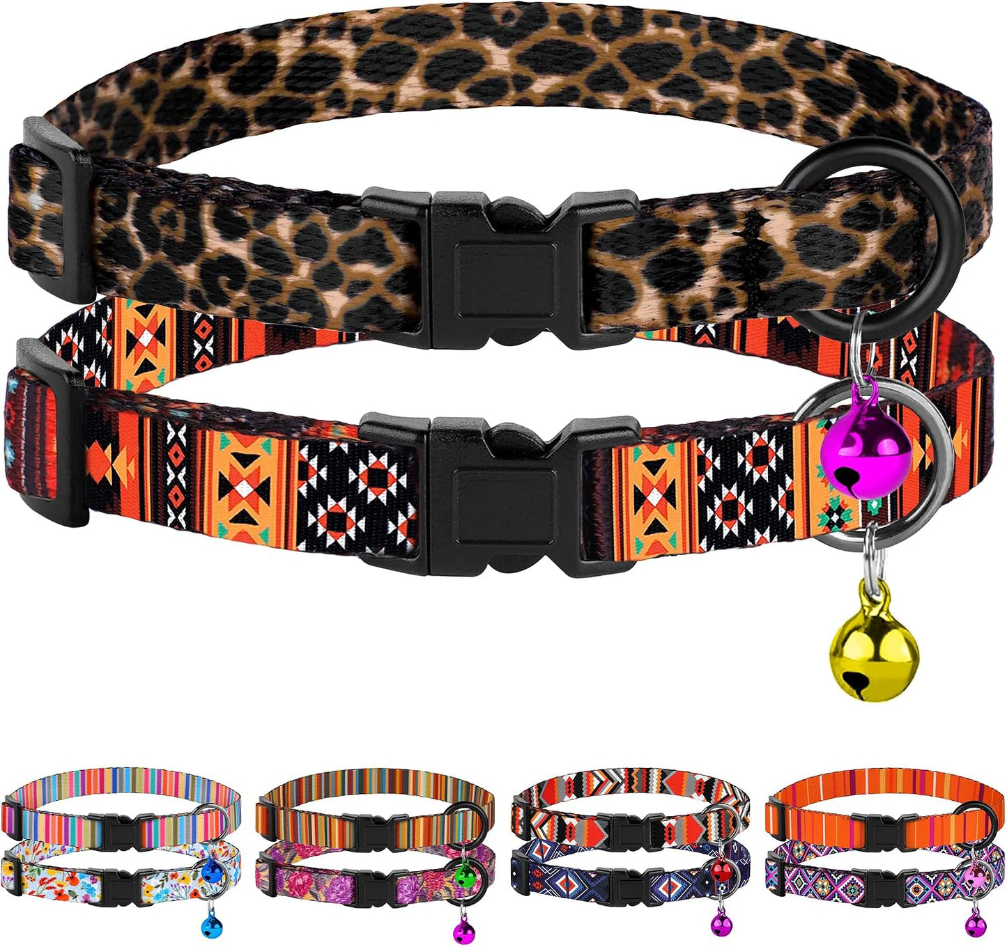 2 Collares Gato con Campana Ajustables Diseño Tribal Leopardo