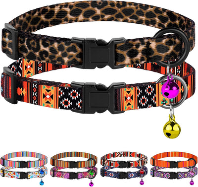 2 Collares Gato con Campana Ajustables Diseño Tribal Leopardo