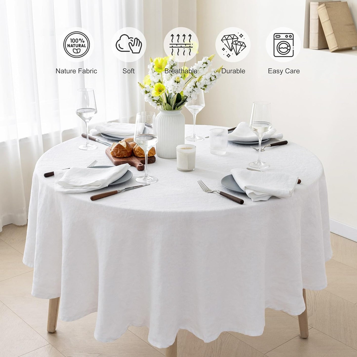 Mantel Lino Francés Redondo 65pulg Blanco Para Comedor Eventos